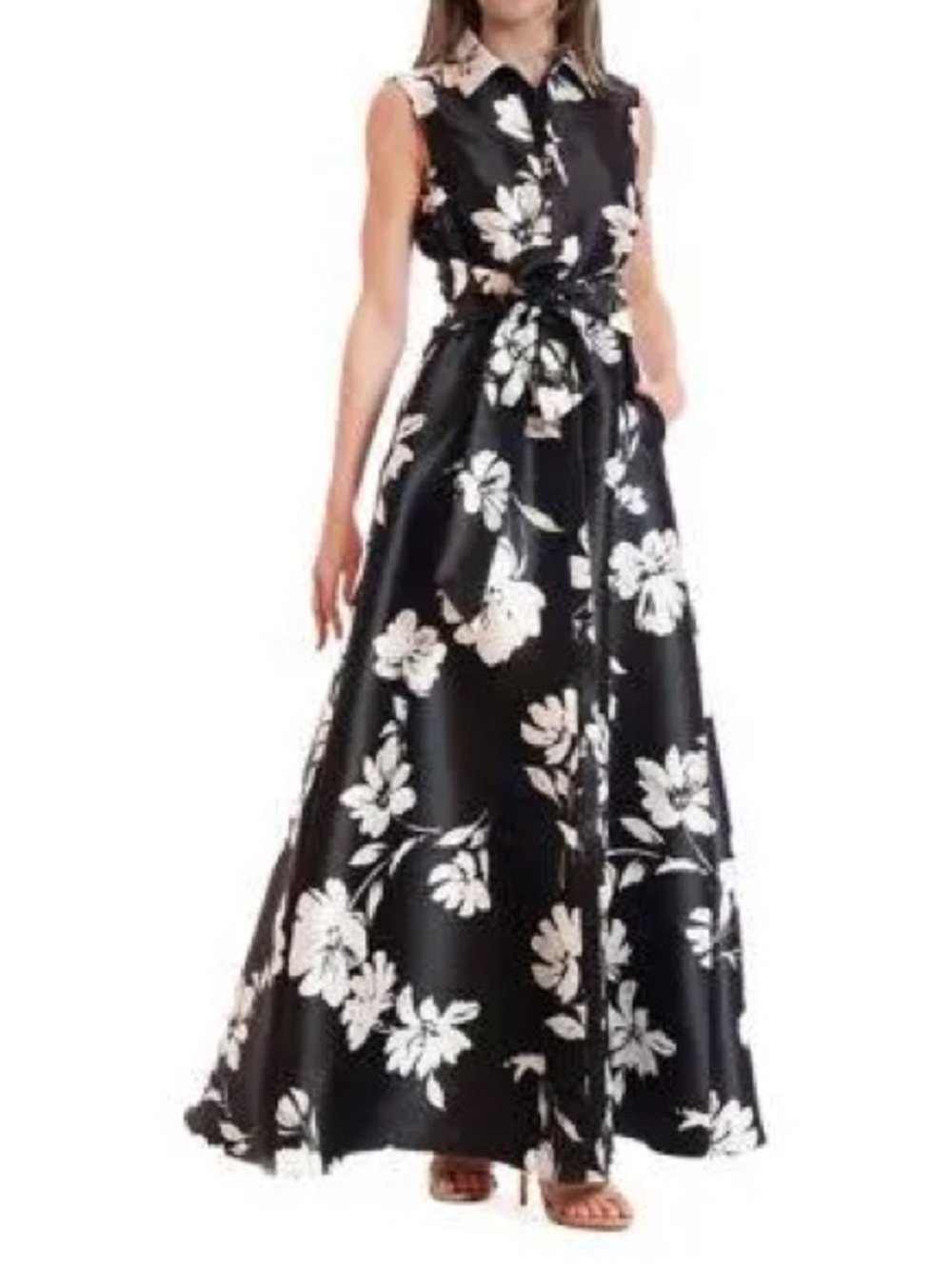 Julia Jordan Black & White Floral Tie-Waist Maxi Sleeveless Shirt Dress Gown